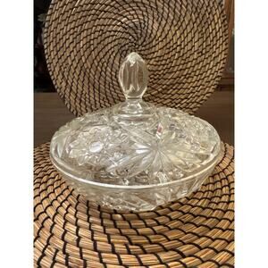 Vintage Pressed Glass Lidded Candy Dish Starburst Pattern Faceted Finial